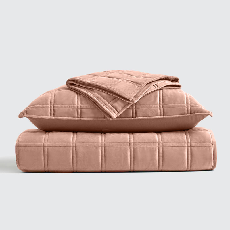 Double Box Stitch Velvet Quilt set, Clay, King Quilt + 2 King Shams