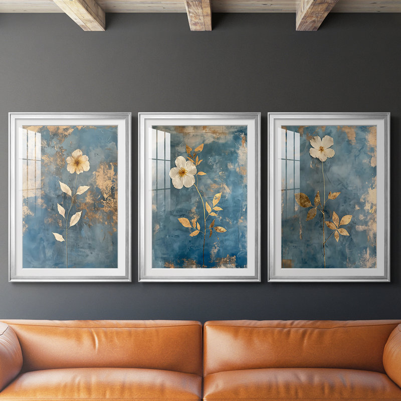 FLORAL Series XLVI - Impression encadrée sur mesure de qualité supérieure - 3 pièces, H 15 po x l 19 po, Argent argent