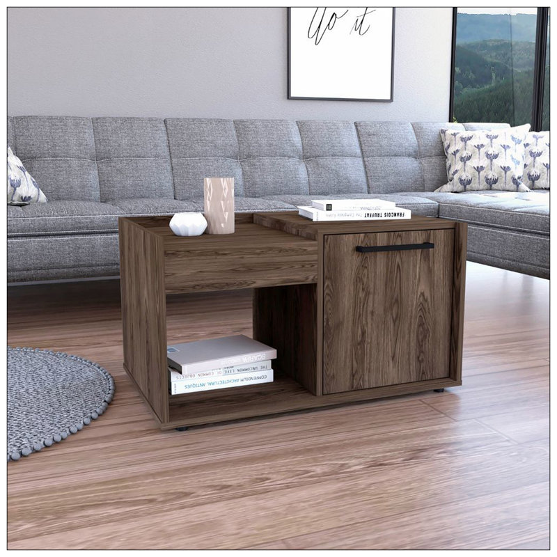Table basse en velours, 1 tablette ouverte, 1 porte