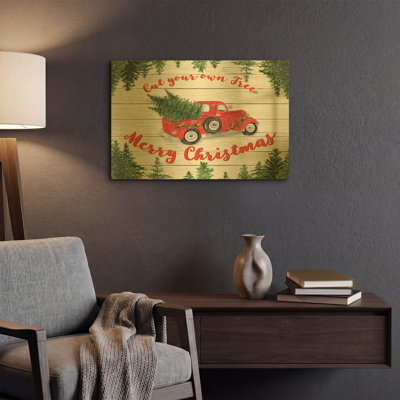 'Vintage Red Truck Christmas B' By Jean Plout Gold Metal Wall Art, 24" x 16"