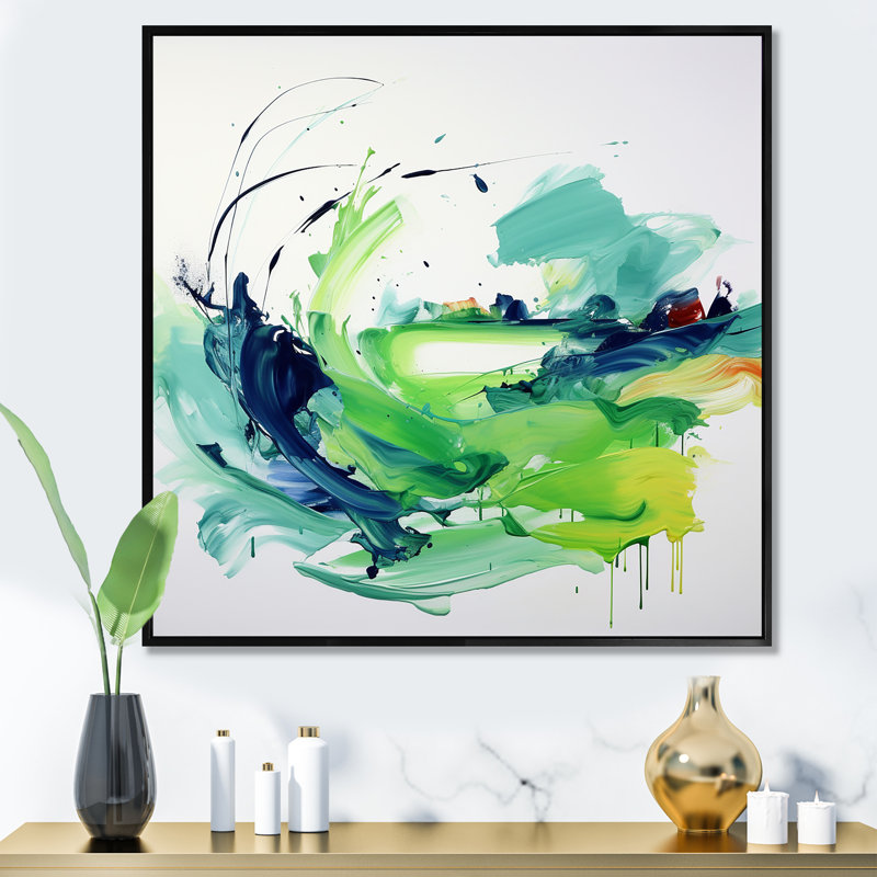 «Green Abstract Ink Expression III», art mural abstrait, Cadre flottant noir, H 36 po x l 36 po x P 1,5 po