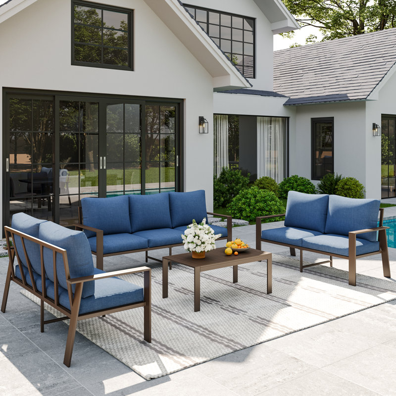 7 Person Sofa Seating Group With Coffee Table, Navy, Yes
