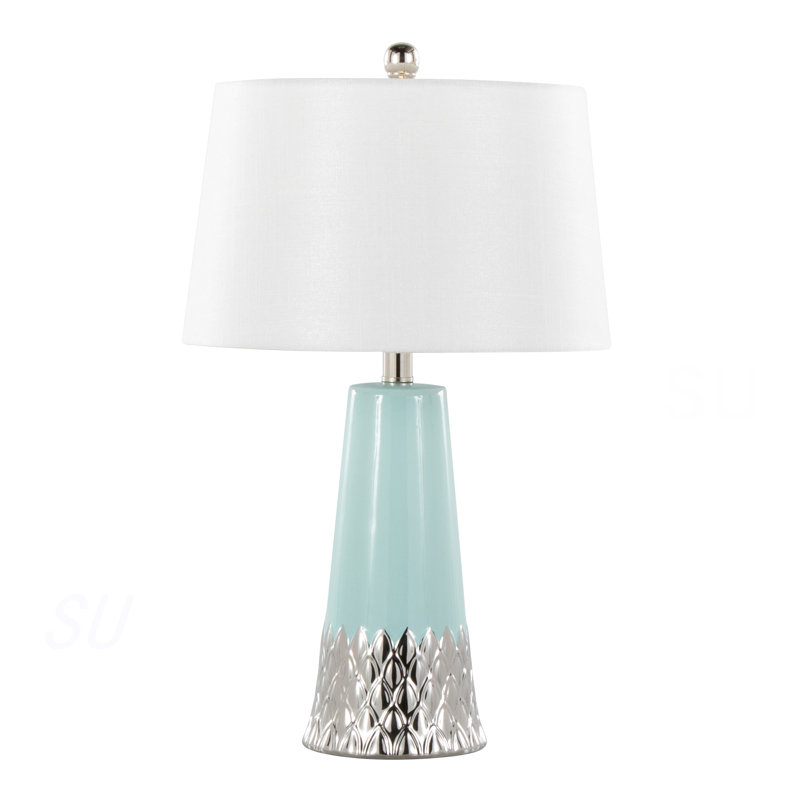 Lampe de table contemporaine en céramique 22 "avec corps en céramique bleu et argent Tiffany et abat-jour blanc Penelope