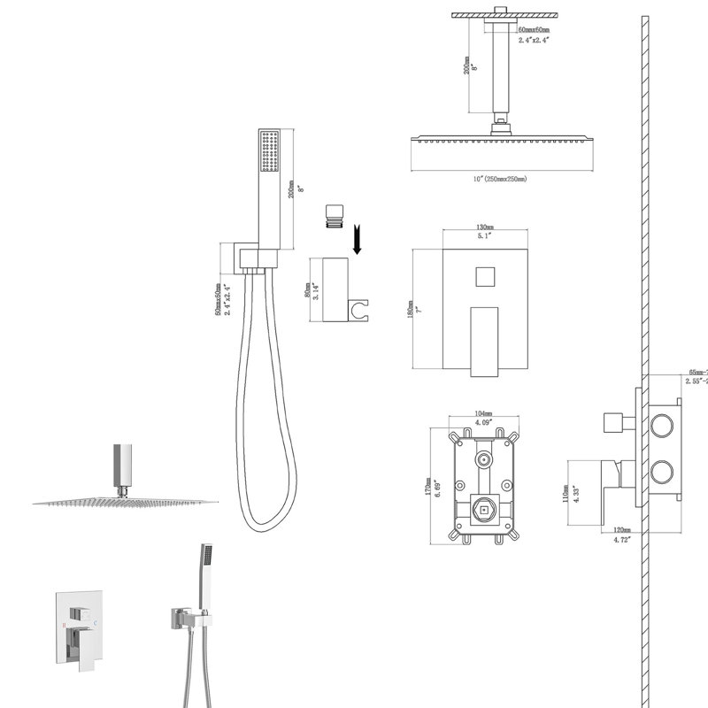 Ensemble de douche double - fixation au plafond de 10 pouces avec pomme de pluie et douche à main, entretien facile, fonction