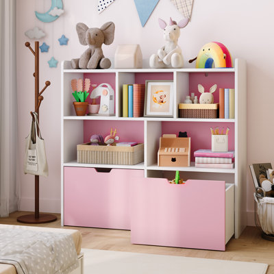 Bibliothèque de rangement pour jouets pour enfants - 5 casiers ouverts, 2 tiroirs mobiles, roues cachées, armoire de plancher multifonctionnelle pour salle de jeux, chambre à coucher, chambre de bébé - rose et blanc