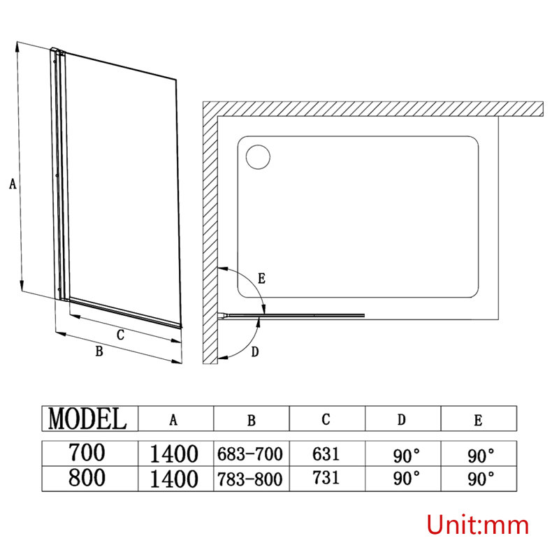 Mahler 1400mm H Pivot Semi-Frameless Tub Door with Clear Glass, Right-angled Corner, 80cm x 140cm, Chrome