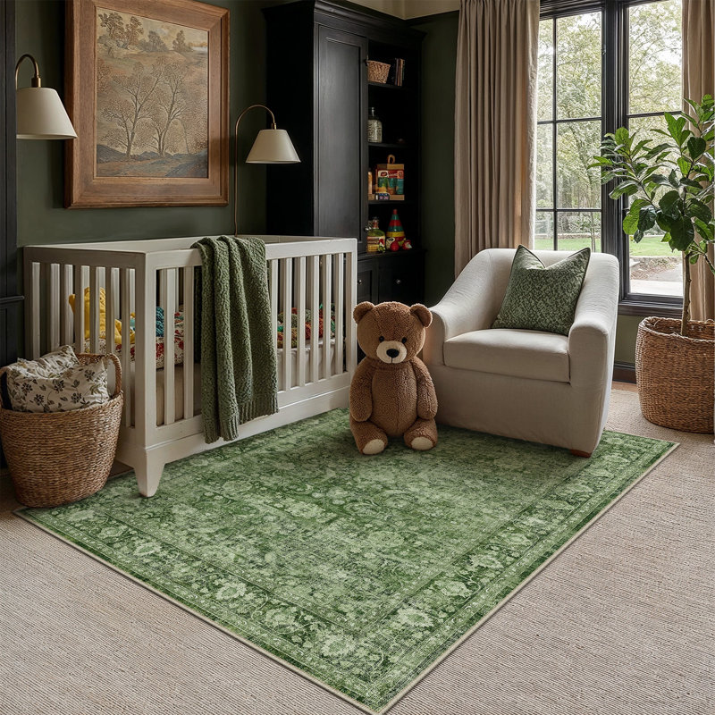 Tapis lavable rétro avec envers antidérapant Bremerton, Green, Rectangle 9 pi x 12 pi