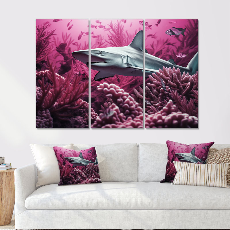 «Hammerhead Purple Sharks» - ensemble d'impression d'art mural corail sous l'eau, H 28 po x l 36 po