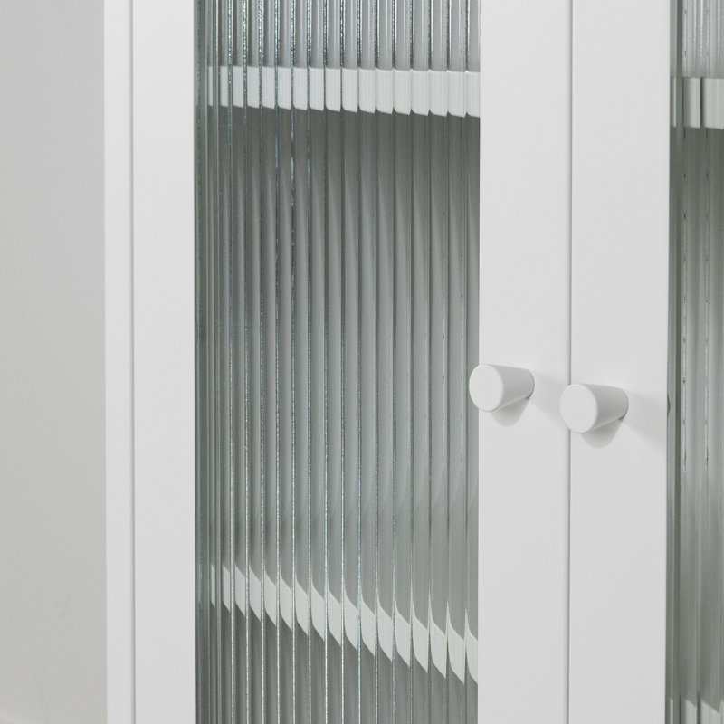 White Metal Storage Cabinet with Fluted Glass Doors