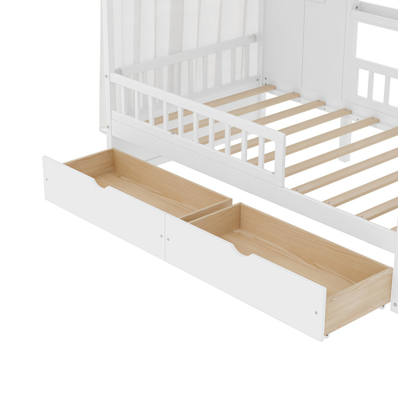 Lit de style maison basse avec rideaux, tiroirs de rangement et tablettes, Lit simple, Blanc
