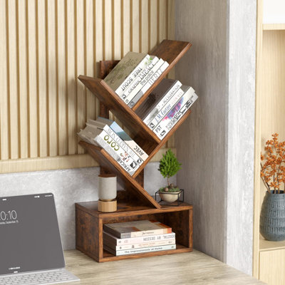 Bibliothèque Tree avec tiroir, bibliothèque en bois d'ingénierie à 4 niveaux, tablette de rangement peu encombrante pour la chambre à coucher, le salon et le bureau personnel