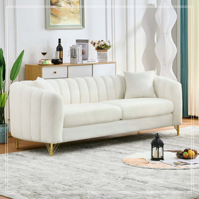 83" Oversized Chenille Sofa,Luxury 3 Seater Deep Couch,Modern Tufted Couch, Gold Metal Legs Sofa for Living Room, Bedroom, Apartment (White)