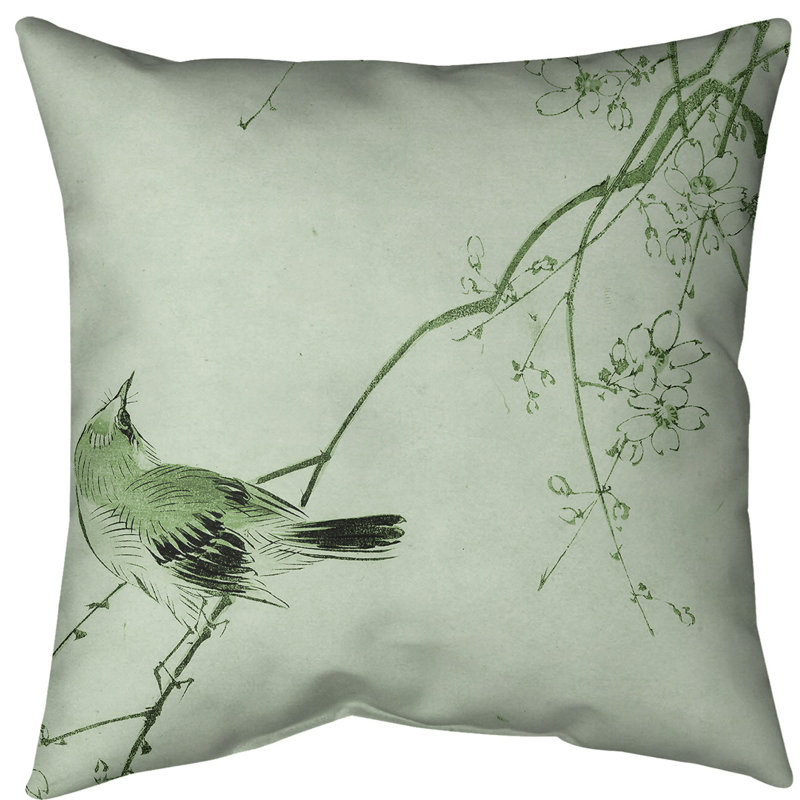 Coussin décoratif aquarelle japonaise oiseau et fleurs, 20 po x 20 po, Vert, Duvet synthétique