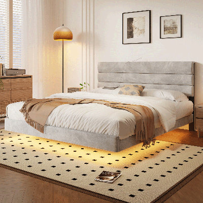 Base de lit plateforme, lit à lumières DEL avec tête de lit tapissier avec station de charge, sommier à lattes en bois
