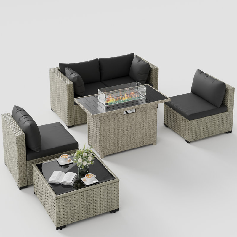 5 Pieces Design-Oriented Rattan Patio Conversation Sets With Fire Pit, Black