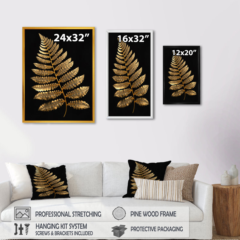 Golden Fern on Black II - reproduction d'art sur toile, H 44 po x l 34 po x P 1,5 po, Cadre flottant noir
