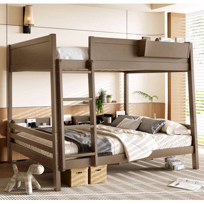 Grand lit superposé avec tablette de rangement et bibliothèque, lit superposé en bois avec échelle et garde-corps, conception détachable, brun rétro