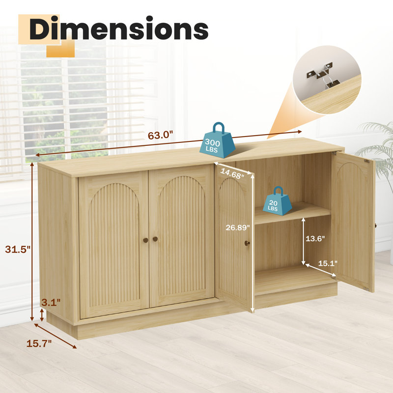 Sideboard Buffet Cabinet With Storage, Fluted Arched Storage Cabinet With Adjustable Shelves, Wooden Modular Coffee Bar, Modern Console Table For Living Room Kitchen Dining Room Entryway, Natural