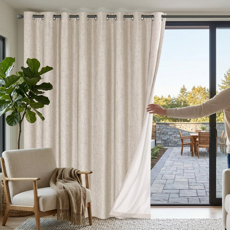 Linen Look 100% Blackout Patio Curtain, Anti-Rust Grommet Extra Wide Sliding Door Panel 100x84, Natural