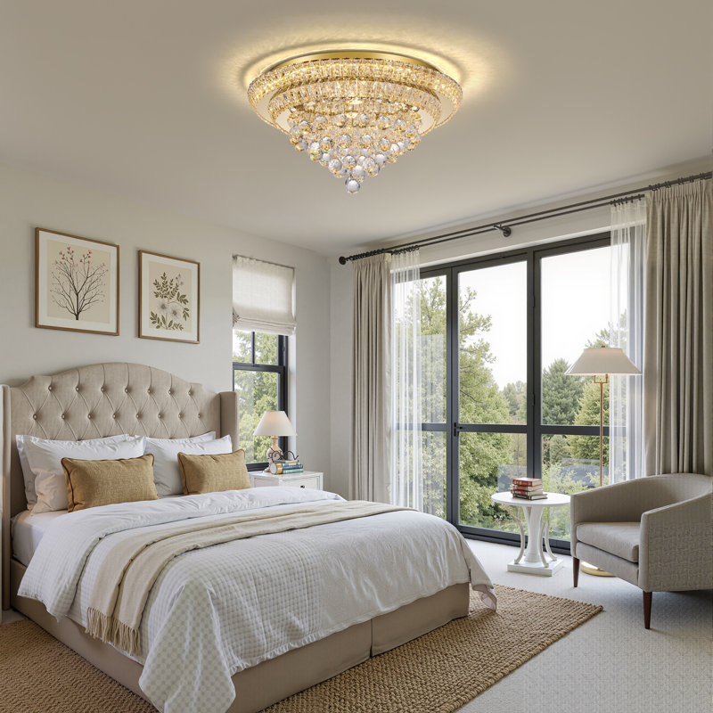 24IN Modern Dimmable Crystal Chandeliers Flush Mount Ceiling Light with Remote Control, Gold, 24"⌀, Gold