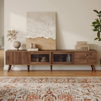 76" Modern Minimal Glass-Doors TV Stand For Tvs Up To 85 Inches, Wood-Grain Entertainment Center With Storage Cabinets, TV Media Console Table For Living Room, Bedroom