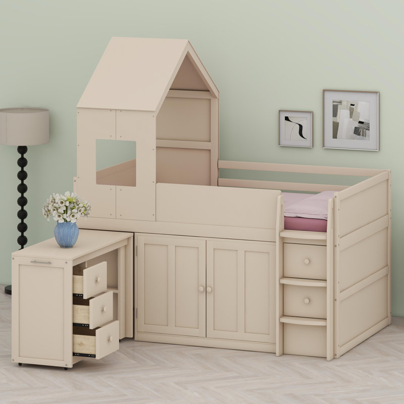 Lit mezzanine compact avec bureau sous le lit et grands compartiments de rangement, Beige