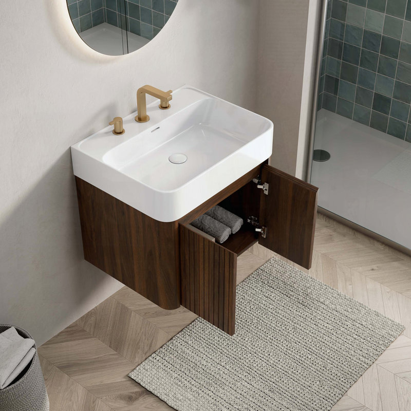 Meuble-lavabo suspendu avec lavabo intégré en surface solide blanche lustrée et armoire en bois de noyer