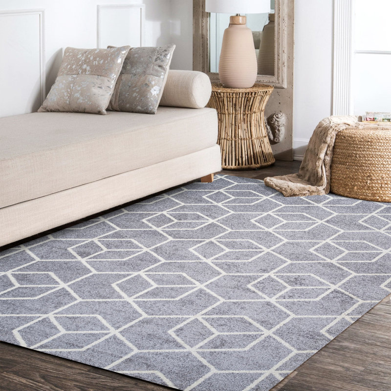 Mashawna Blocks Modern Geometric Light Gray/White Rug, Rectangle 4' x 6'