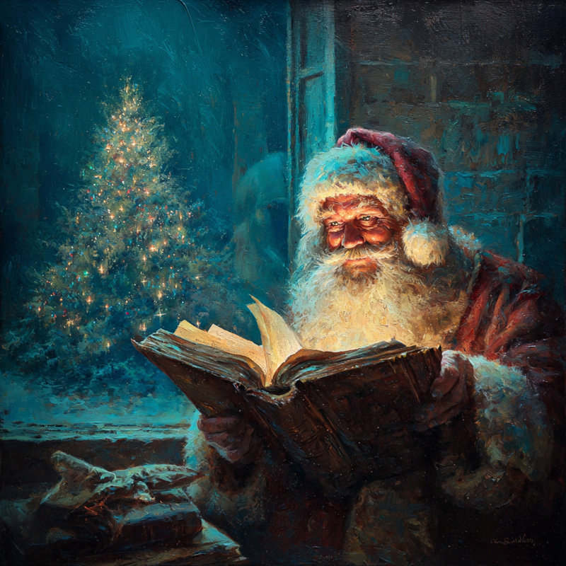 «Santa by the Tree», art mural sur toile tendue, H 40 po x l 40 po