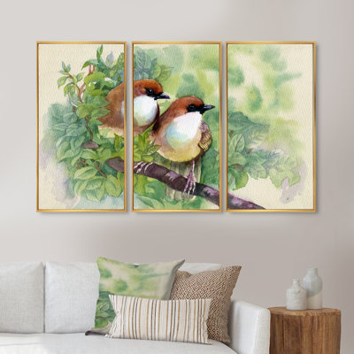 Oiseaux du printemps - Ensemble de 3 reproductions d'art encadrées sur toile