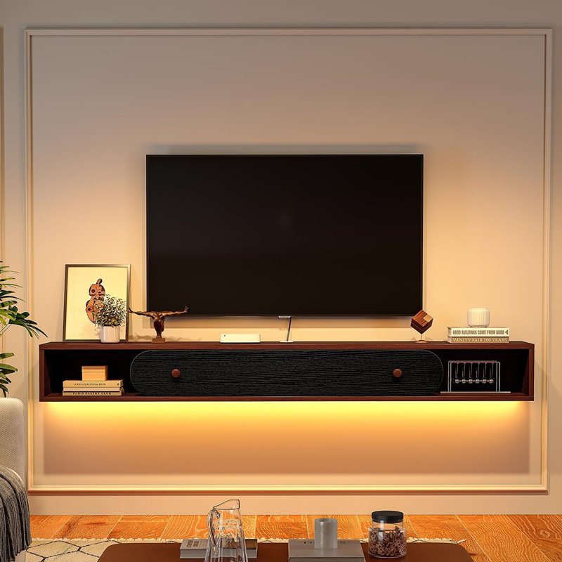 Meuble télé flottant, console média murale avec armoires, noyer et noir