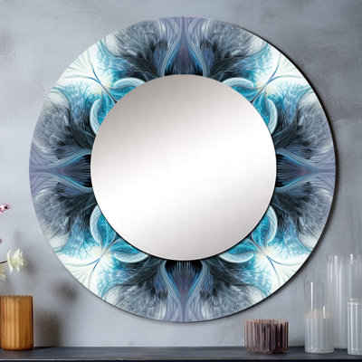 Turquoise et blanc fleurs fractales III - miroir mural géométrique, miroir décoratif rond moderne, impression d'art en métal