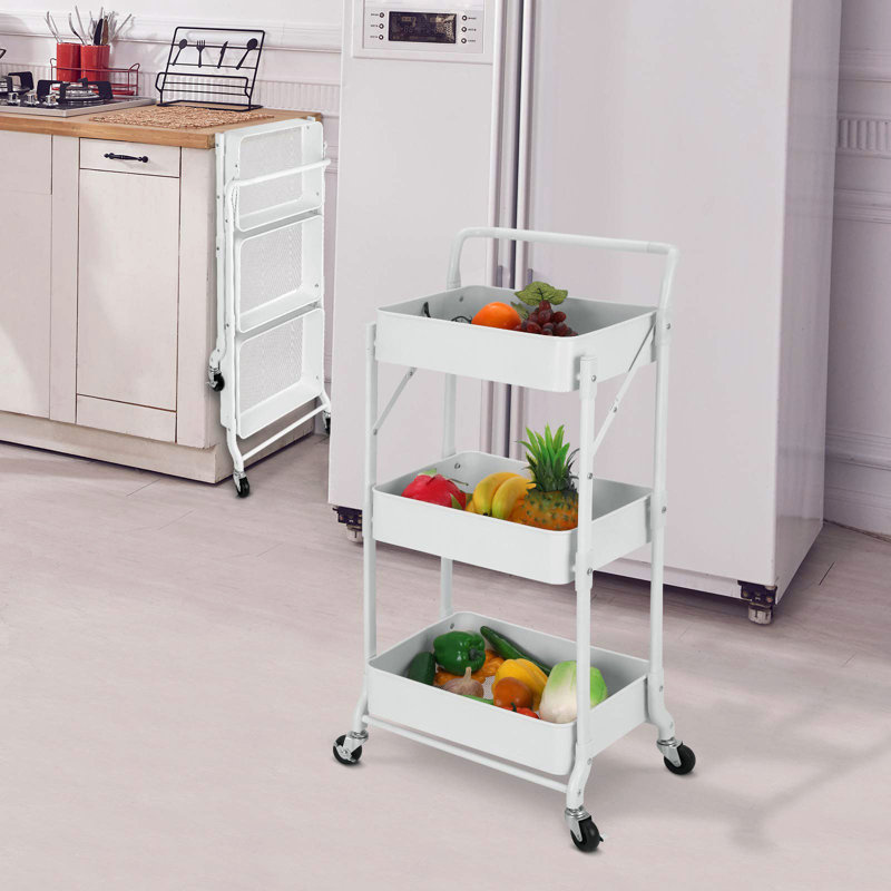 Foldable 3 Tier Metal Utility Rolling Cart, White