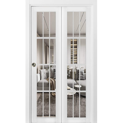 Sliding Closet Bi-fold Doors 28 x 80 Felicia 3355 White Silk with Clear Glass Sturdy Tracks Moldings Trims Hardware Set Wood Solid Bedroom Wardrobe Doors