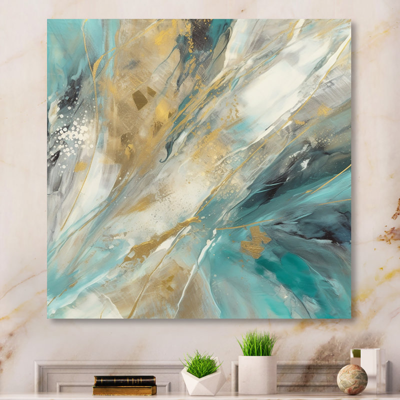Golden Hour In Turquoise Waves IV - Décoration murale abstraite en métal, H 36 po x l 36 po x P 1 po
