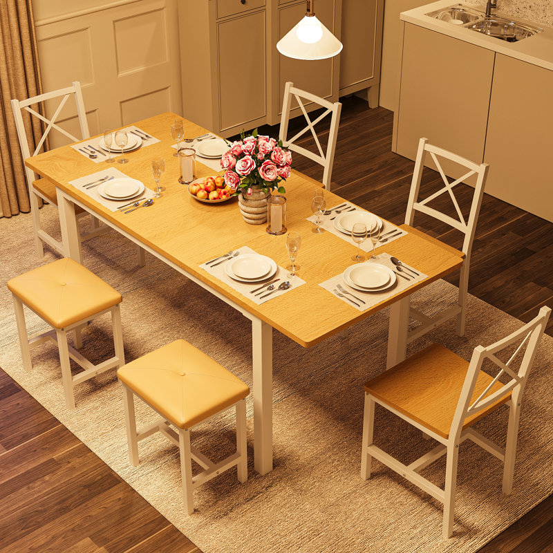 Farmhouse Style 7-Piece Dining Table Set For 4-6 People, 63" Extendable Kitchen Table Set With 4 Dining Chairs And 2 PU Upholstered Stools