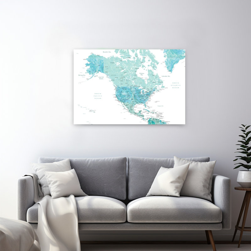 Carte aquarelle de l'Amérique du Nord, œuvre d'art murale abstraite et contemporaine, 32" H x 48" W