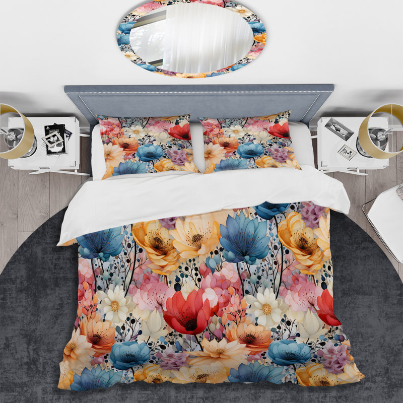 Ensemble de housse de couette multicolore à motif floral fantaisie aquarelle