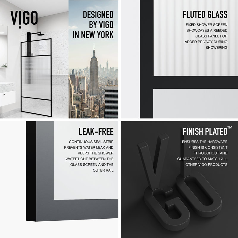 Essex 34" W x 74" H Fixed Framed Shower Screen with 3/8" Striped Fluted Glass, Matte Black
