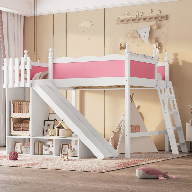 Lit moderne avec tablettes de rangement et armoire, Blanc léger / rose, Double