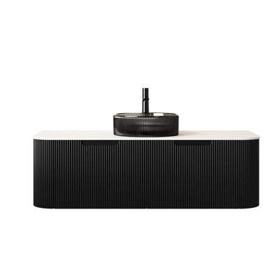 Meuble-lavabo mural de 48 po comprenant un lavabo rond en cristal noir transparent, un rangement à 2 tiroirs avec une finition rayée en 3D, des glissières sous le comptoir à fermeture en douceur, un contreplaqué haute résistance de 18 mm d'épaisseur,