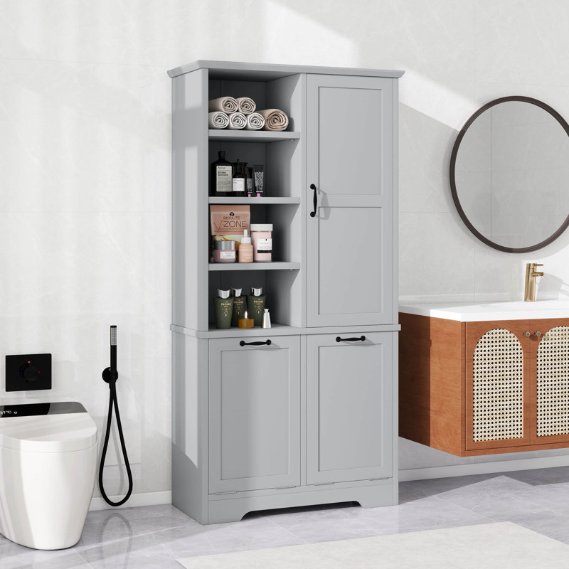 68" H Bathroom Storage Cabinet With Doors And Drawers, Tilt-Out Laundry Hamper, Open Shelve, Adjustable Shelf, Gray