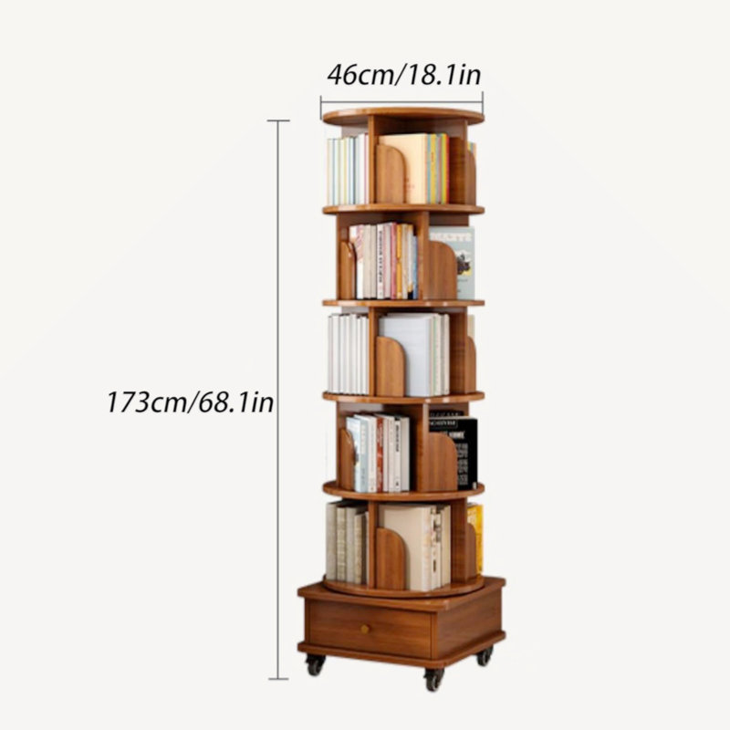  Gulmehak Rotating Bookshelf, 360 Display Corner Bookshelf, 6 Tier Bookcase Storage Rack with Drawer and Wheels for Small Space, Bedroom, Living Room, Study Room