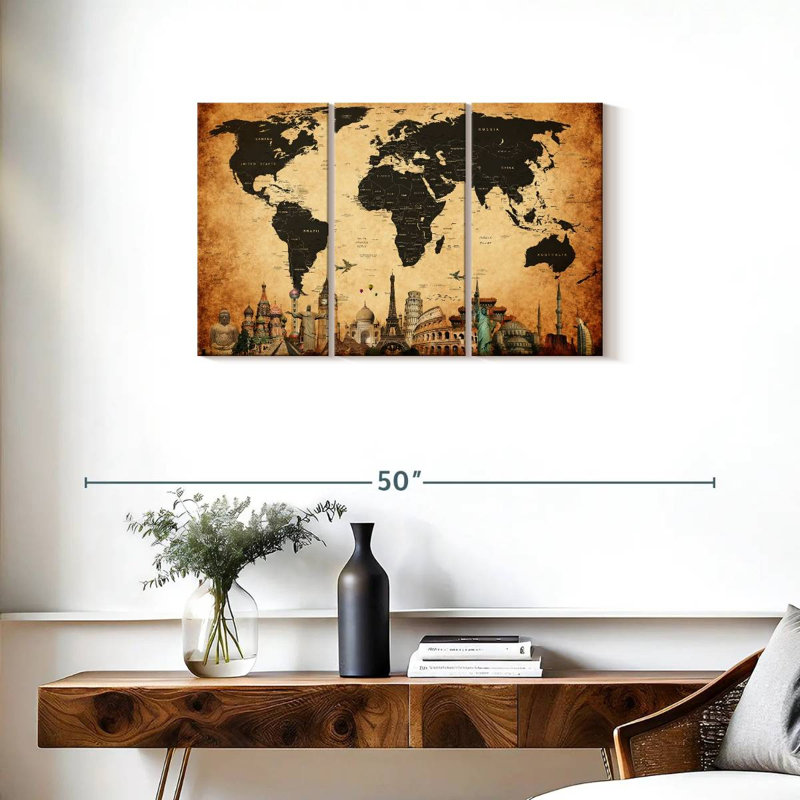 Carte du monde rétro, impression sur toile, H 33 po x l 20 po x P 1,25 po