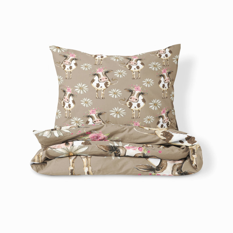  Ensemble de housse de couette Cow and Daisy, Housse de couette simple et 2 taies décoratives