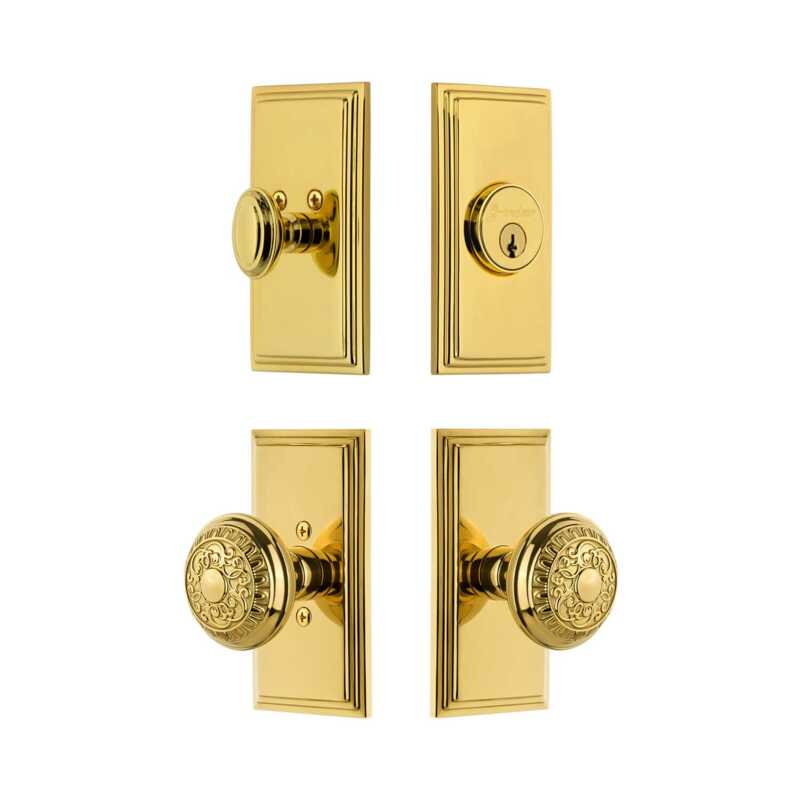 Grandeur Carre Short Plate Entry Set with Windsor Knob in Antique Pewter, 2.375", Lifetime Brass