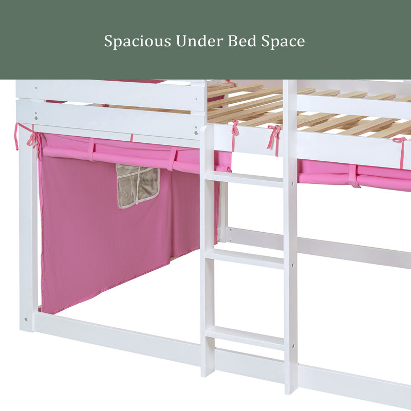 Lit superposé en bois avec tente, Double, Blanc / rose