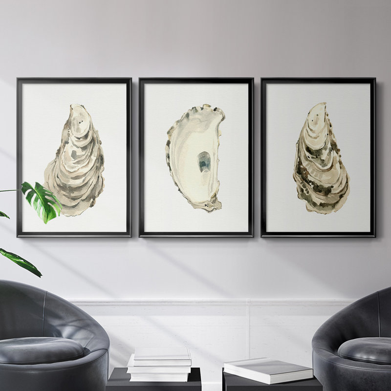 Neutral Oyster Study I " Neutral Oyster Study I " 3 - Pieces Painting Print, Black Framed, 24.5" H x 37" W x 2.5" D