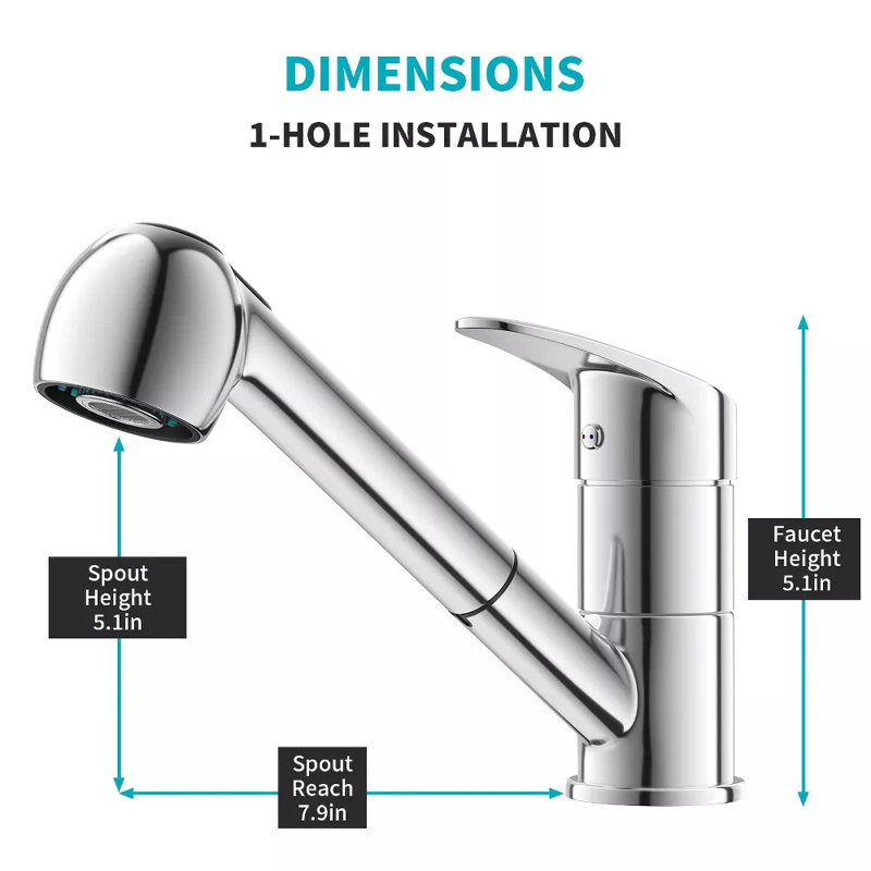 Robinet d'évier de cuisine avec douchette extractible, robinet à poignée simple en acier inoxydable avec finition chromée