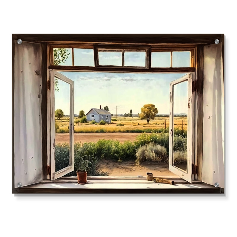 «Window to Landscape Views I», art mural acrylique paysage de ferme, H 24 po x l 32 po